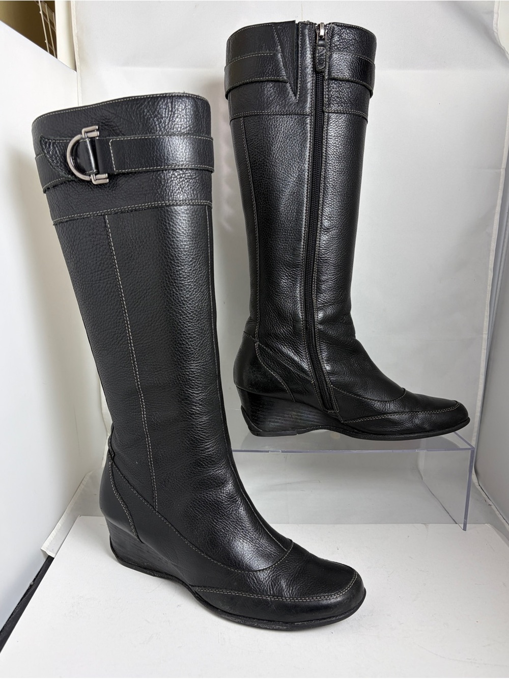 Circa Joan & David Vintage Y2K Grain Wedge Black Knee-High Boots Tonia Size 8.5